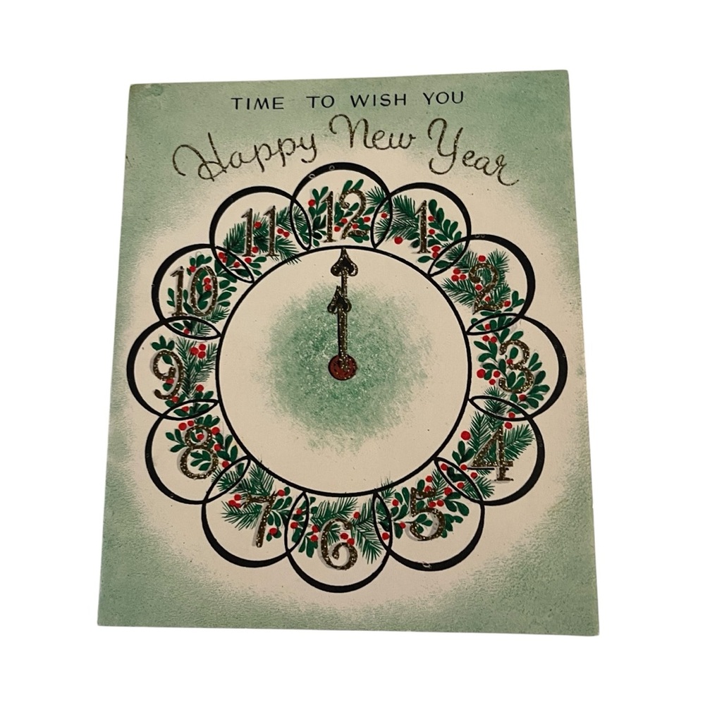 Unused Vintage Greeting Card Happy New Year Green Glitter Clock